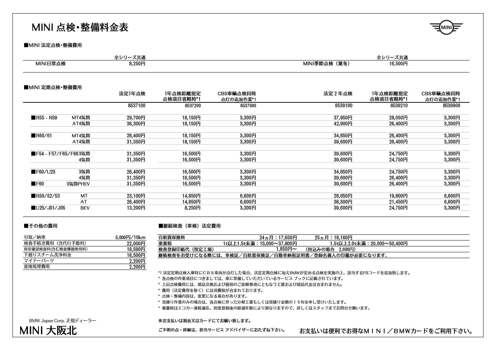 専用JE51★在庫整理価格 点検整備料金表 | MINI 大阪北